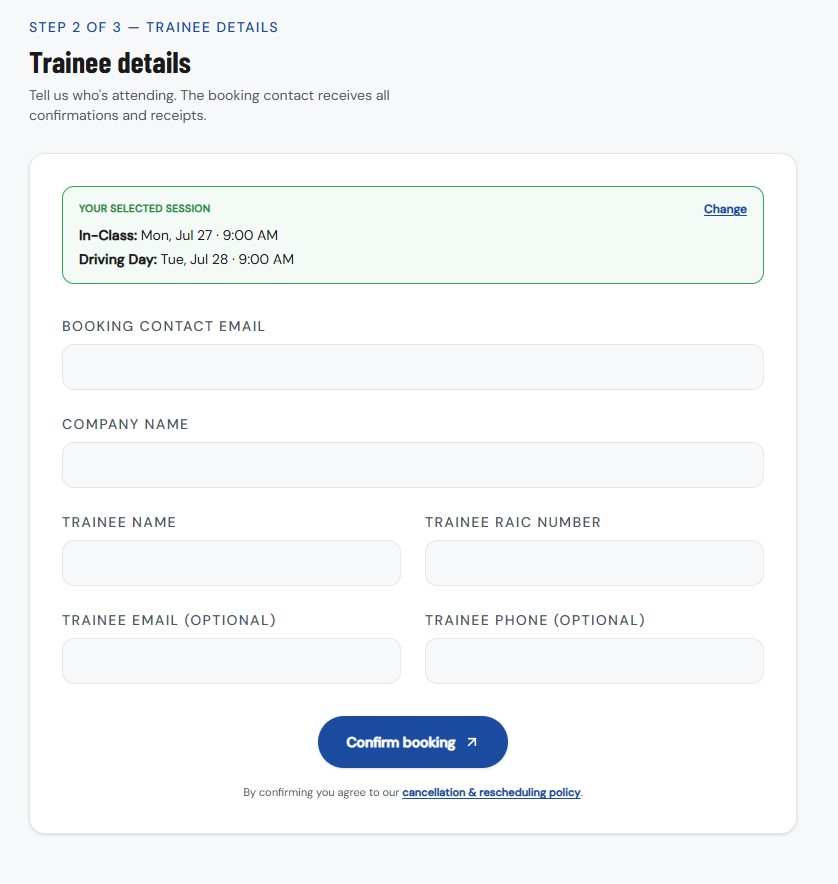 Booking system — trainee details