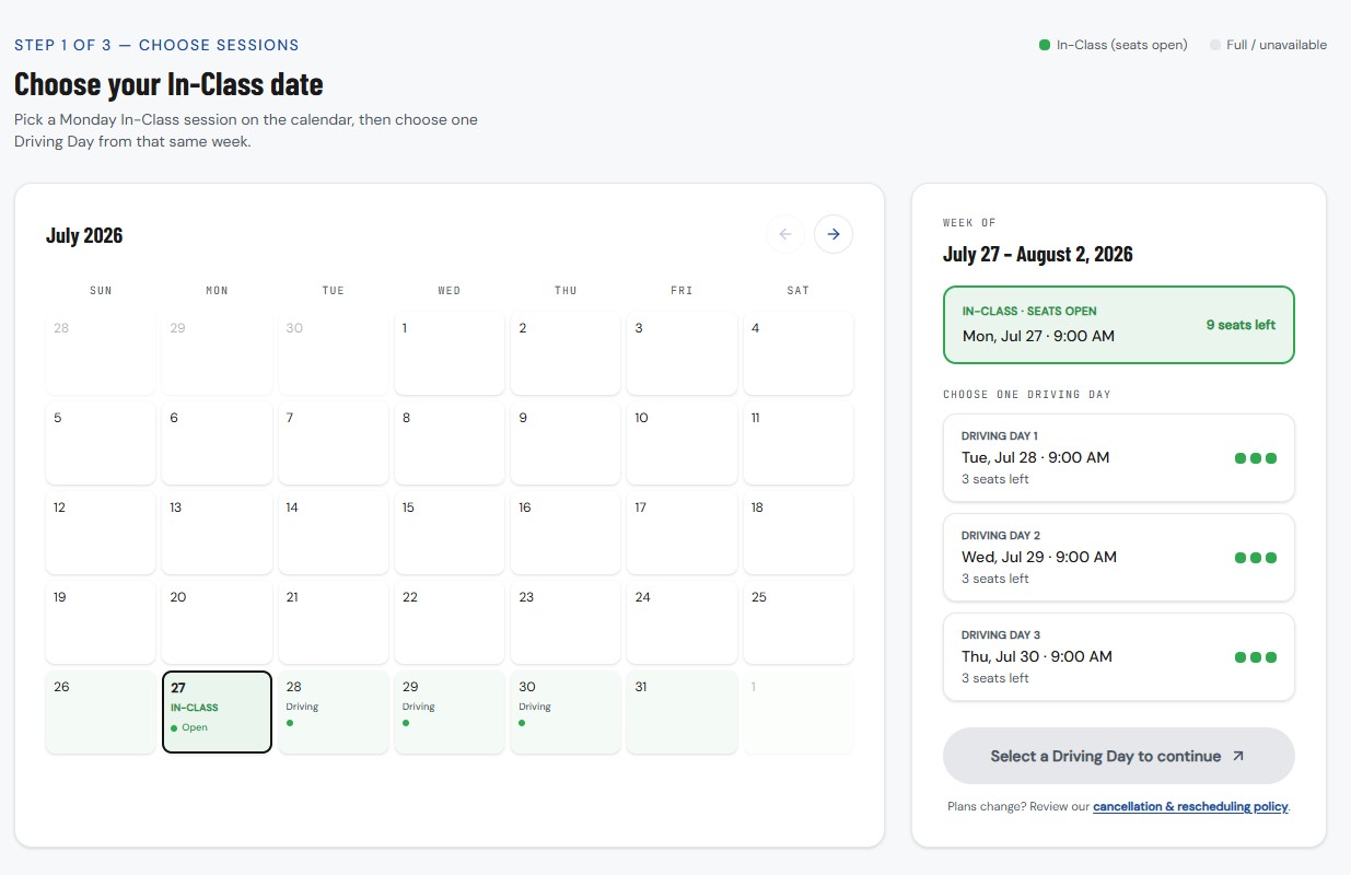 Booking system — choose your in-class date